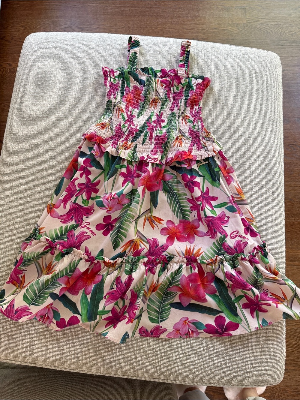 Guess Pink Floral Smocked Sundress with Green Leaf Print